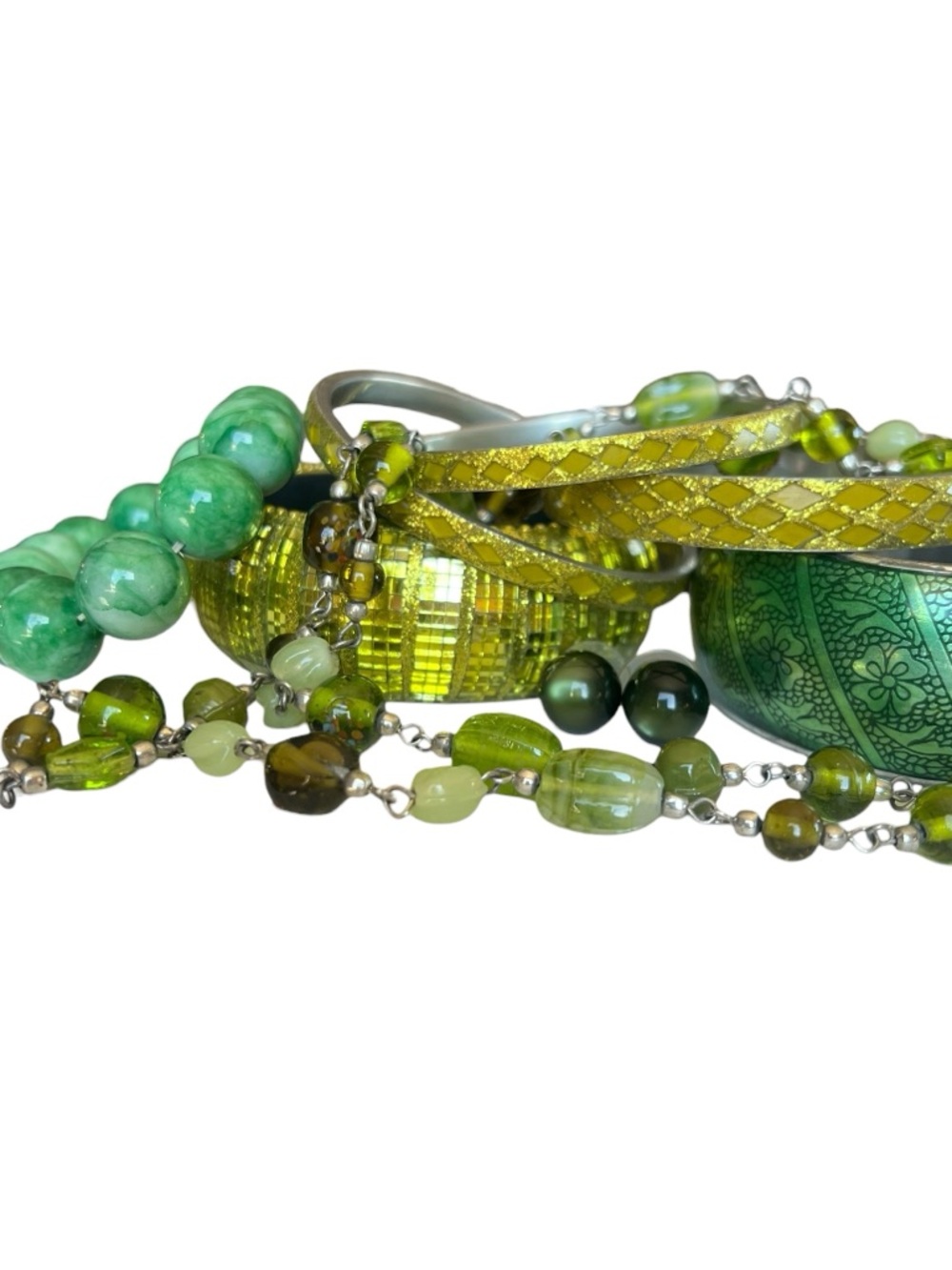 8 Piece Green Jewelry Lot Beaded Necklace Earrings Bangle Bracelets - Picture 3 of 12